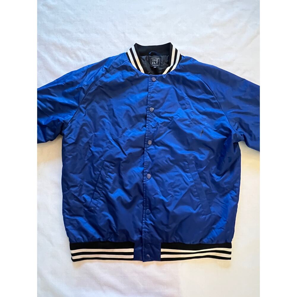 JLT Luxury Varsity Bomber Windbreaker Jacket Men 2XL Snap Nylon Lined Blue Black